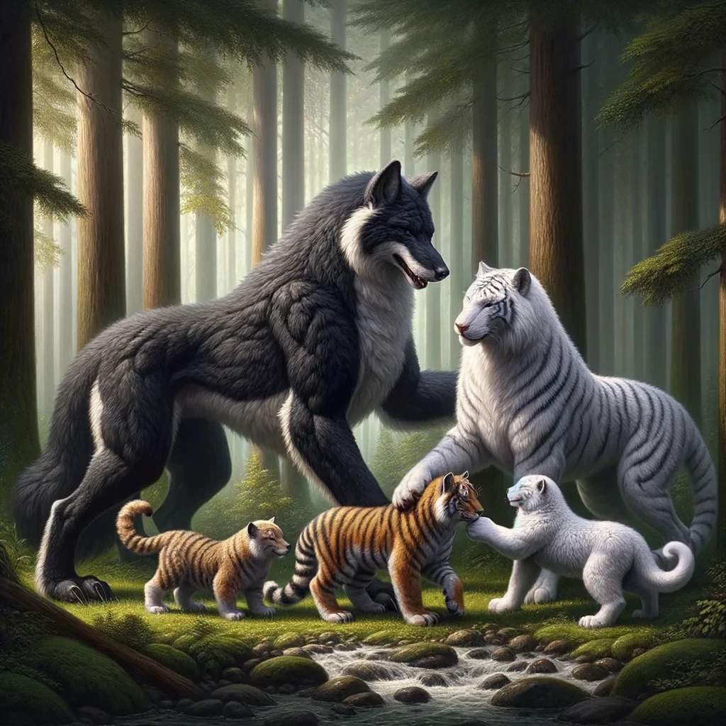 A heartwarming scene in the woods featuring a family of mythical creatures. The father is a large black dire wolf, and the mother is a graceful white tiger. They are playing joyfully with their two half wolf, half tiger children. The older child is a female with a blend of black and white fur, and the younger child is a male with similar markings. The family is close together, creating a sense of unity and love. Make sure all limbs are proportional to the image, the 2 largest characters are the Black Dire wolf father and White Tiger Mother. The children are smaller than the parents, the female child should look more like the mother, the male looks more like the father. The image has a realistic painting style, with detailed fur textures and natural lighting filtering through the trees. The background is a lush, green forest with dappled sunlight. The composition is tight, ensuring all four family members are prominently featured, making it perfect for printing on a sweater.