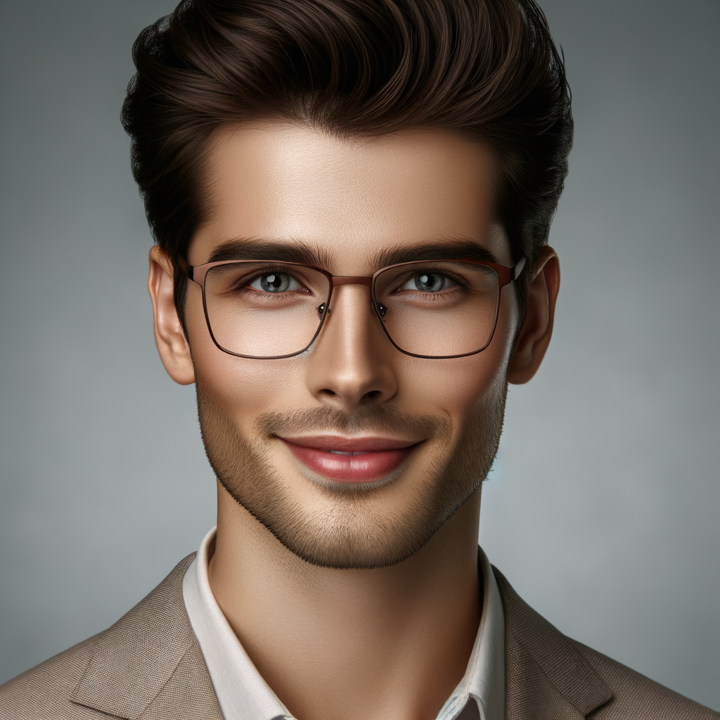Craft a high-resolution portrait of a young adult male exuding a subtle yet unmistakable confidence. Highlight his dark, neatly groomed hair and the modern, full-rimmed glasses that frame his insightful eyes. His smile should be modest yet meaningful, portraying a sense of satisfaction and an affable character. The eyes, a key feature, should be depicted as clear and perceptive, reflecting a bright intellect and a friendly disposition.  The portrait should detail a well-defined facial structure with a smooth complexion, illuminated by soft lighting to accentuate a gentle yet confident jawline. While his attire is not the focus, ensure that it complements his stylish and approachable appearance without drawing attention away from the face. The background should be a soft blur to keep the primary focus on his personable and charismatic facial expression, ensuring clarity and precision in every aspect of his visage, from the subtle arch of the eyebrows to the natural tone of the skin