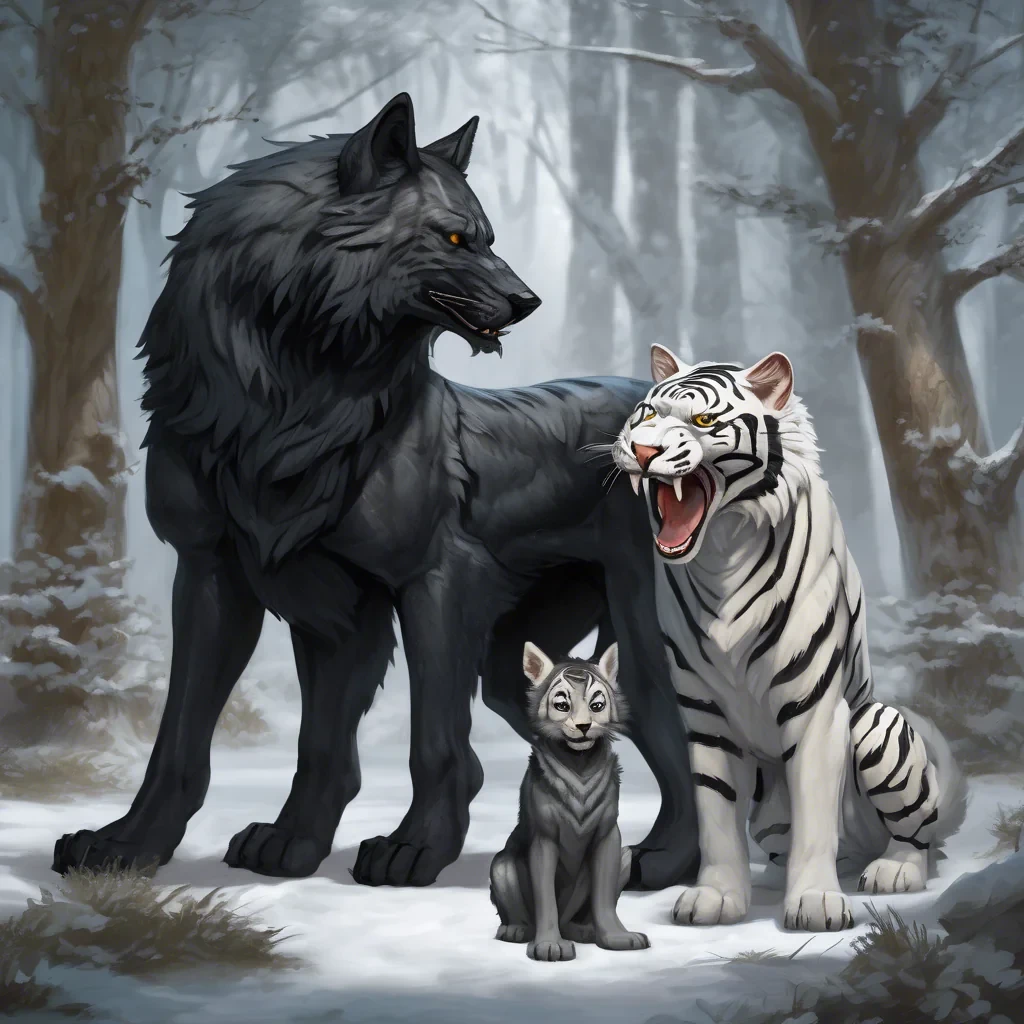 A heartwarming scene in the woods featuring a family of mythical creatures. The father is a large black dire wolf, and the mother is a graceful white tiger. They are playing joyfully with their two half wolf, half tiger children. The older child is a female with a blend of black and white fur, and the younger child is a male with similar markings. The family is close together, creating a sense of unity and love. Make sure all limbs are proportional to the image, the 2 largest characters are the Black Dire wolf father and White Tiger Mother. The children are smaller than the parents, the female child should look more like the mother, the male looks more like the father. The image has a realistic painting style, with detailed fur textures and natural lighting filtering through the trees. The background is a lush, green forest with dappled sunlight. The composition is tight, ensuring all four family members are prominently featured, making it perfect for printing on a sweater.