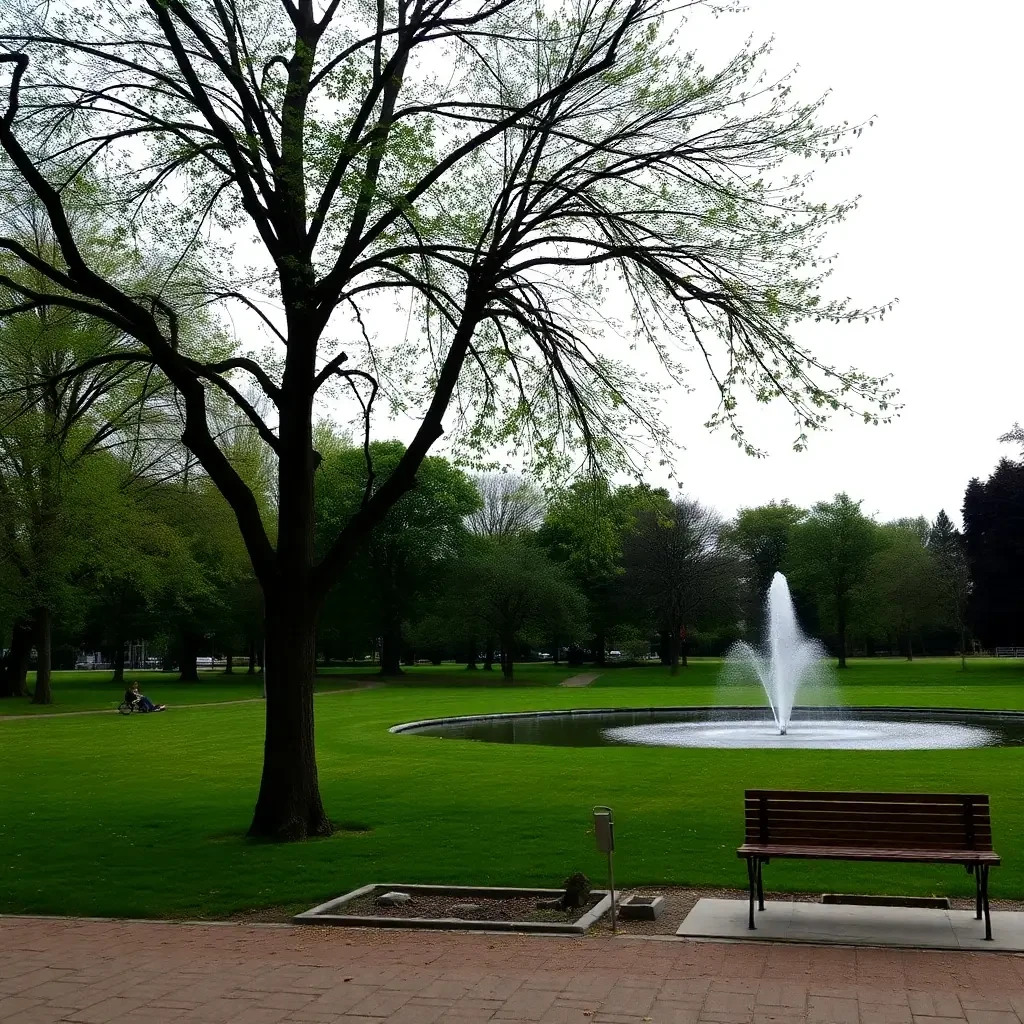 A peaceful park with a few trees, a small fountain, and a bench.