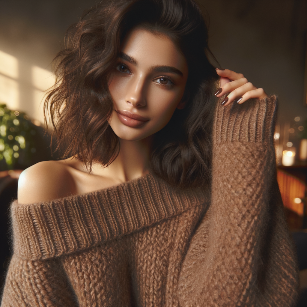 A woman with wavy dark brown hair, wearing an off-shoulder oversized brown knit sweater. She gazes softly toward the camera, slightly tilting her head, with her right hand gently brushing her hair. The lighting is warm, creating a cozy atmosphere.