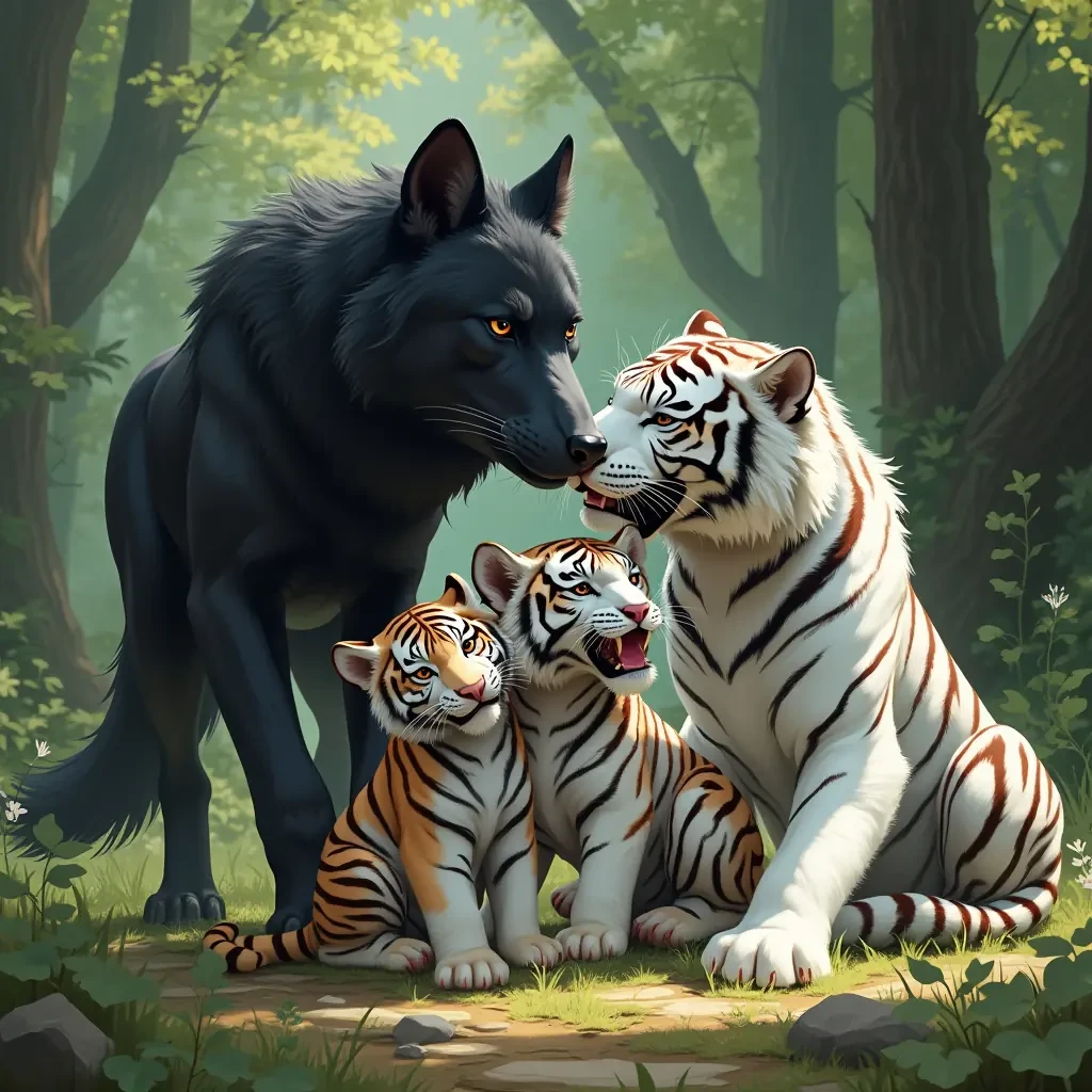 A heartwarming scene in the woods featuring a family of mythical creatures. The father is a large black dire wolf, and the mother is a graceful white tiger. They are playing joyfully with their two half wolf, half tiger children. The older child is a female with a blend of black and white fur, and the younger child is a male with similar markings. The family is close together, creating a sense of unity and love. Make sure all limbs are proportional to the image, the 2 largest characters are the Black Dire wolf father and White Tiger Mother. The children are smaller than the parents, the female child should look more like the mother, the male looks more like the father. The image has a realistic painting style, with detailed fur textures and natural lighting filtering through the trees. The background is a lush, green forest with dappled sunlight. The composition is tight, ensuring all four family members are prominently featured, making it perfect for printing on a sweater.