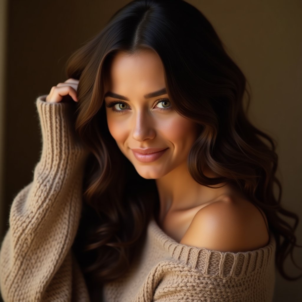 A woman with wavy dark brown hair, wearing an off-shoulder oversized brown knit sweater. She gazes softly toward the camera, slightly tilting her head, with her right hand gently brushing her hair. The lighting is warm, creating a cozy atmosphere.