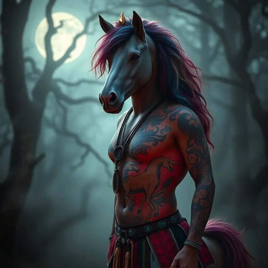 In the misty embrace of a moonlit forest, a bewildering bizarre centaur emerges: half man, half equine, adorned in vibrant bohemian attire. This enigmatic being is captured in a hauntingly beautiful photograph, where every detail is sharp and mesmerizing. The centaur's human-like torso is covered in intricate tattoos that seem to come alive in the dim light, while its equine half boasts a luxurious mane and tail that shimmer with otherworldly colors. The background is a dreamlike blur of ancient trees and ethereal wisps of fog, adding to the mystical atmosphere of the scene. Its eyes hold a spark of wild magic, inviting viewers into a world of enchantment and wonder.