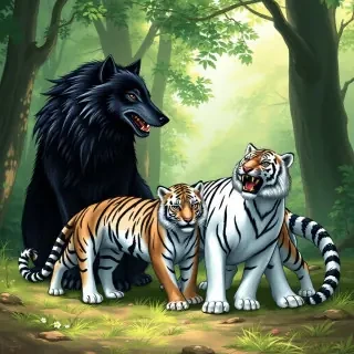 A heartwarming scene in the woods featuring a family of mythical creatures. The father is a large black dire wolf, and the mother is a graceful white tiger. They are playing joyfully with their two half wolf, half tiger children. The older child is a female with a blend of black and white fur, and the younger child is a male with similar markings. The family is close together, creating a sense of unity and love. Make sure all limbs are proportional to the image, the 2 largest characters are the Black Dire wolf father and White Tiger Mother. The children are smaller than the parents, the female child should look more like the mother, the male looks more like the father. The image has a realistic painting style, with detailed fur textures and natural lighting filtering through the trees. The background is a lush, green forest with dappled sunlight. The composition is tight, ensuring all four family members are prominently featured, making it perfect for printing on a sweater.