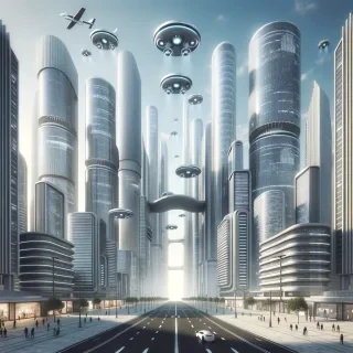a futuristic city with flying cars
