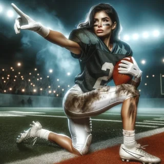 a football player doing the heisman pose after scoring a touchdown, in the endzone.