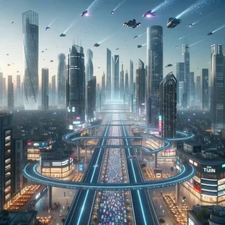 a futuristic city with flying cars