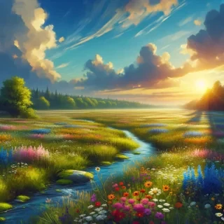 A serene landscape painting of a vast meadow with colorful wildflowers, a gentle stream flowing through, and a clear blue sky with fluffy clouds overhead. The setting sun casts a warm glow, creating long shadows on the grass. Use this image as inspiration to write a descriptive passage capturing the peaceful ambiance of this scene. Explore the sights, sounds, and scents of this tranquil setting, allowing your senses to come alive in your writing. Consider incorporating elements of nature, emotions, and sensory details to fully immerse your readers in the beauty of this picturesque meadow