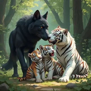 A heartwarming scene in the woods featuring a family of mythical creatures. The father is a large black dire wolf, and the mother is a graceful white tiger. They are playing joyfully with their two half wolf, half tiger children. The older child is a female with a blend of black and white fur, and the younger child is a male with similar markings. The family is close together, creating a sense of unity and love. Make sure all limbs are proportional to the image, the 2 largest characters are the Black Dire wolf father and White Tiger Mother. The children are smaller than the parents, the female child should look more like the mother, the male looks more like the father. The image has a realistic painting style, with detailed fur textures and natural lighting filtering through the trees. The background is a lush, green forest with dappled sunlight. The composition is tight, ensuring all four family members are prominently featured, making it perfect for printing on a sweater.