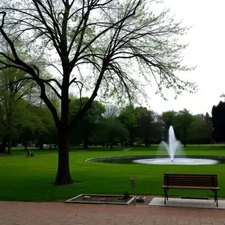 A peaceful park with a few trees, a small fountain, and a bench.